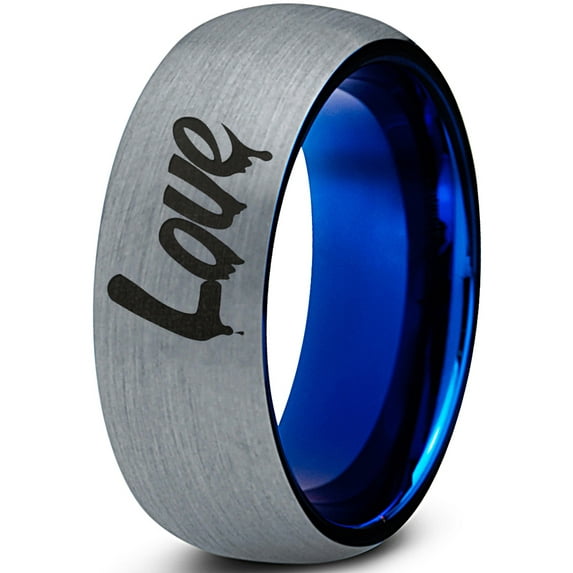 Tungsten Dripping Love Typography Writing Band Ring 8mm Men Women Comfort Fit Blue Dome Brushed Gray Polished