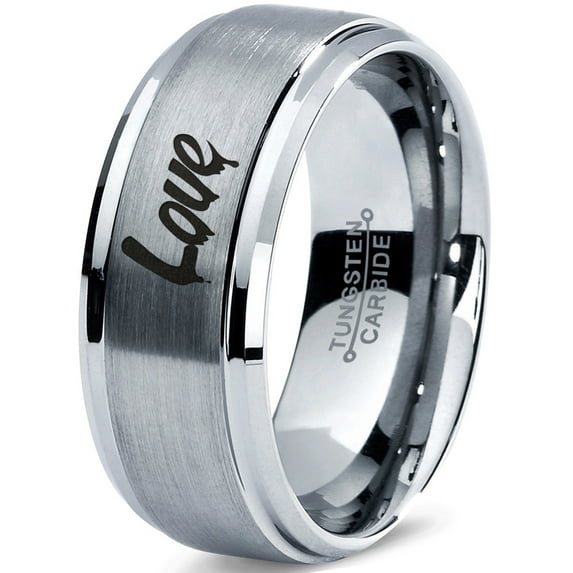 Tungsten Dripping Love Typography Writing Band Ring 8mm Men Women Comfort Fit Gray Step Bevel Edge Brushed Polished