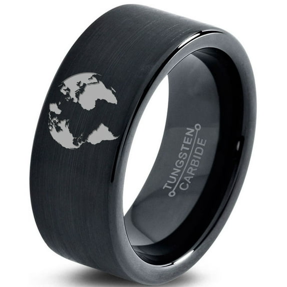 Tungsten Earth Globe Atlas Planet Band Ring 9mm Men Women Comfort Fit Black Flat Cut Brushed Polished