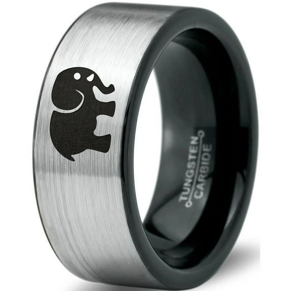 Tungsten Elephant Animal 2D Style Art Band Ring 8mm Men Women Comfort Fit Brushed Gray Flat Cut Black Polished
