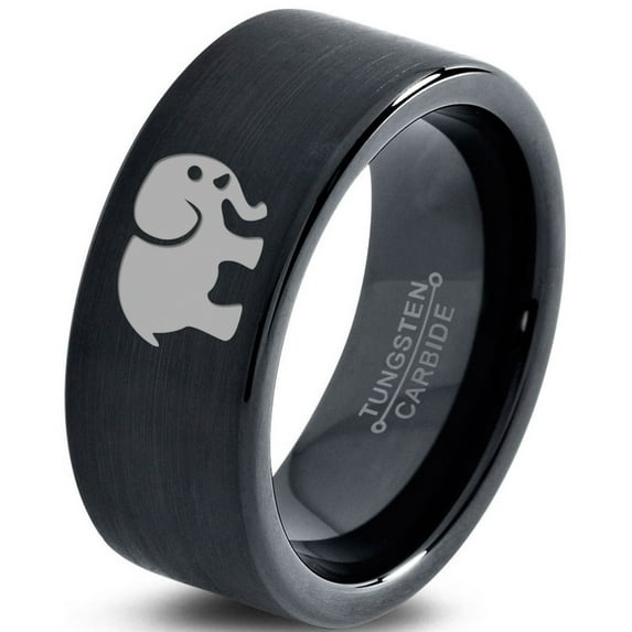 Tungsten Elephant Animal 2D Style Art Band Ring 9mm Men Women Comfort Fit Black Flat Cut Brushed Polished