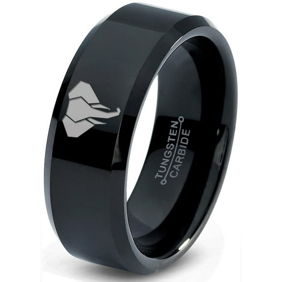 Tungsten Elephant Animal Polygon Style Art Band Ring 8mm Men Women Comfort Fit Black Beveled Edge Polished