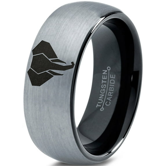 Tungsten Elephant Animal Polygon Style Art Band Ring 8mm Men Women Comfort Fit Black Dome Brushed Gray Polished