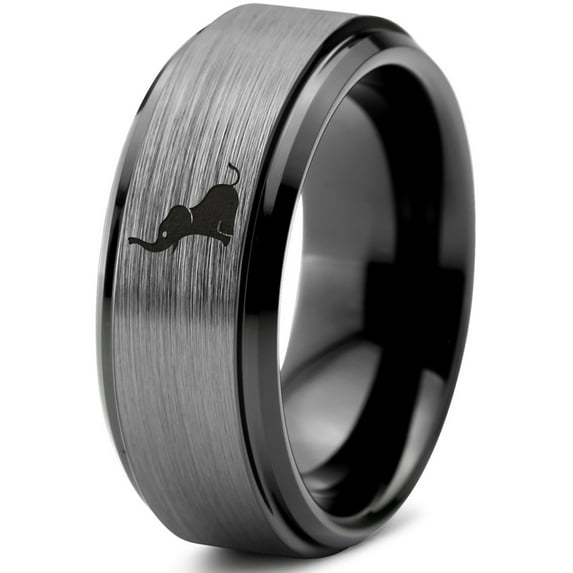 Tungsten Elephant Sitting Trumpeting Band Ring 8mm Men Women Comfort Fit Black Step Bevel Edge Brushed Gray Polished