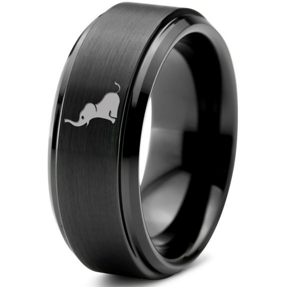Tungsten Elephant Sitting Trumpeting Band Ring 8mm Men Women Comfort Fit Black Step Bevel Edge Brushed Polished