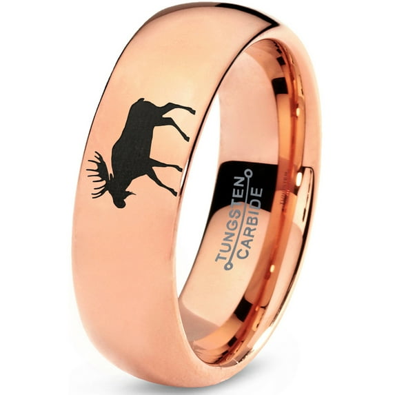 Tungsten Elk Moose Walking Band Ring 7mm Men Women Comfort Fit 18k Rose Gold Dome Polished