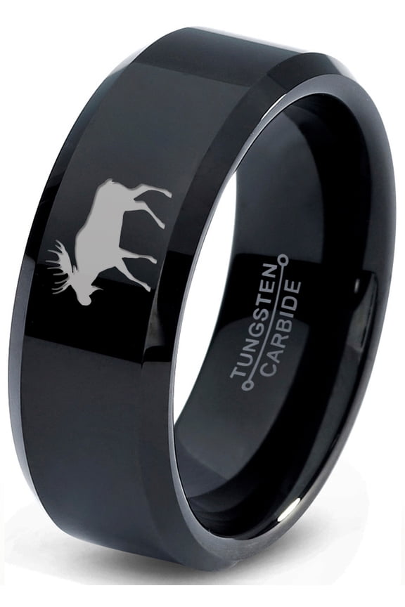 Tungsten Elk Moose Walking Band Ring 8mm Men Women Comfort Fit Black Beveled Edge Polished