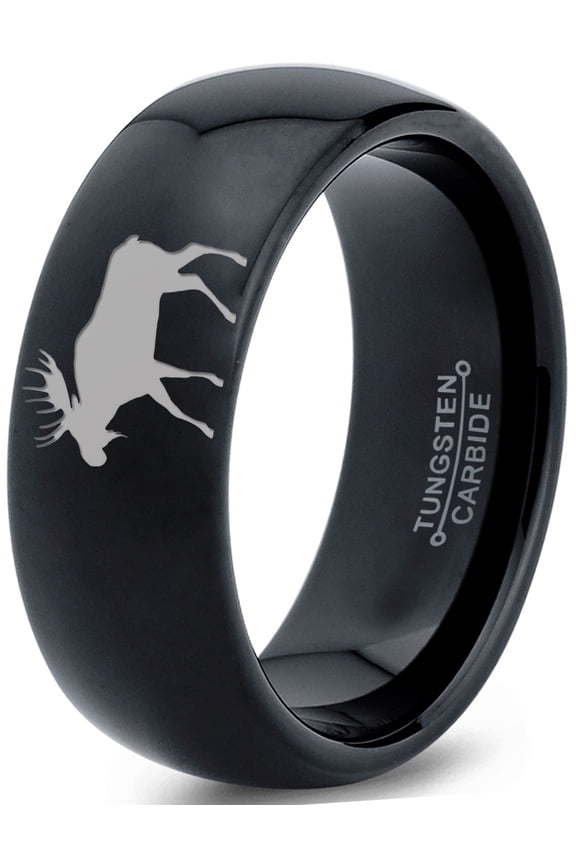 Tungsten Elk Moose Walking Band Ring 8mm Men Women Comfort Fit Black Dome Polished