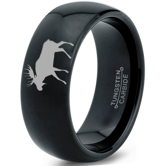 Tungsten Elk Moose Walking Band Ring 8mm Men Women Comfort Fit Black Dome Polished