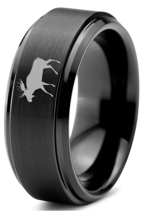 Tungsten Elk Moose Walking Band Ring 8mm Men Women Comfort Fit Black Step Bevel Edge Brushed Polished