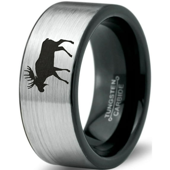 Tungsten Elk Moose Walking Band Ring 8mm Men Women Comfort Fit Brushed Gray Flat Cut Black Polished