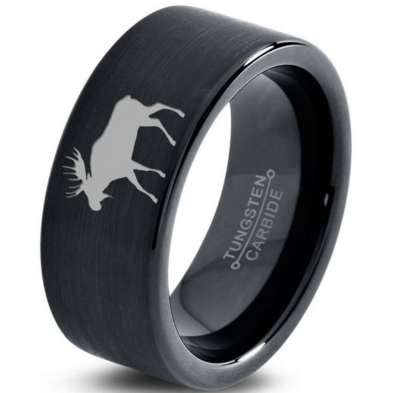 Tungsten Elk Moose Walking Band Ring 9mm Men Women Comfort Fit Black Flat Cut Brushed Polished