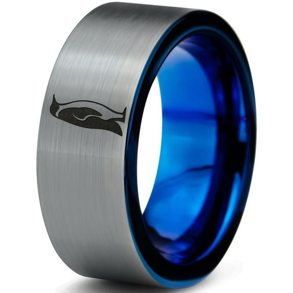 Tungsten Emperor King Penguin Standing Band Ring 8mm Men Women Comfort Fit Blue Flat Cut Brushed Gray Polished