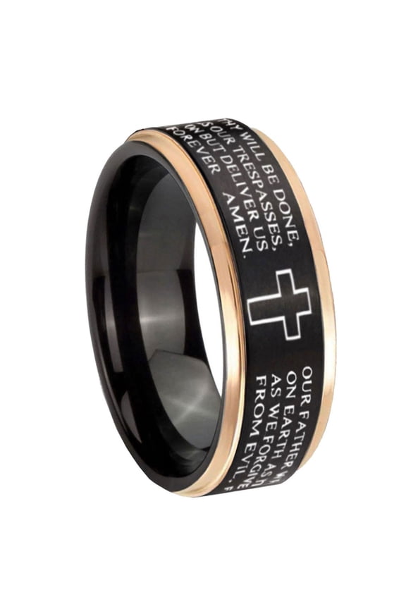 Tungsten Etched Lord's Prayer Cross 8mm Black And Rose Gold Step Edges Men Ring