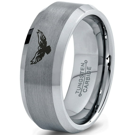 Tungsten Falcon Eagle Bird Band Ring 8mm Men Women Comfort Fit Gray Bevel Edge Brushed Polished