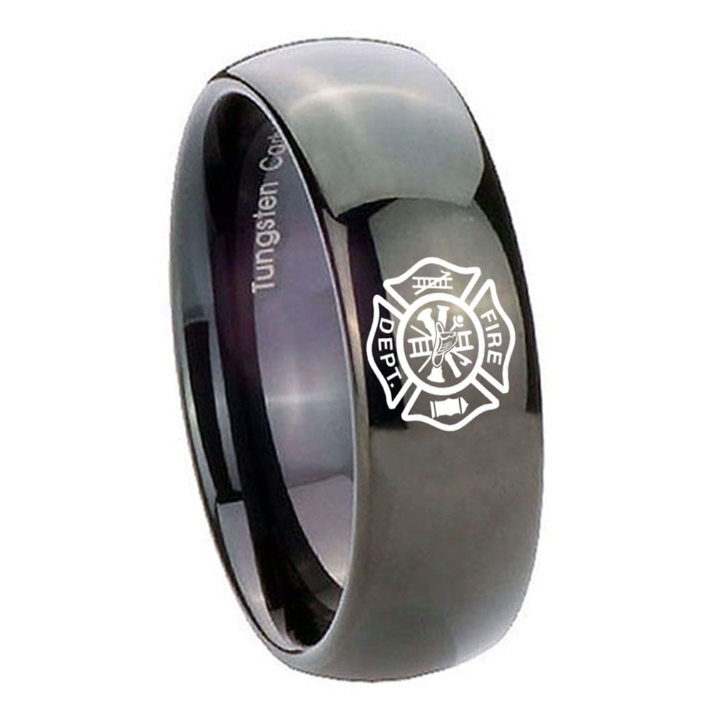 Tungsten Fire Department 8mm Glossy Black Polished Dome Men Ring ...