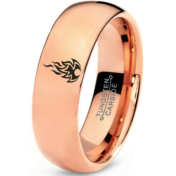 Tungsten Fire Flame Burning Emblem Band Ring 7mm Men Women Comfort Fit 18k Rose Gold Dome Polished