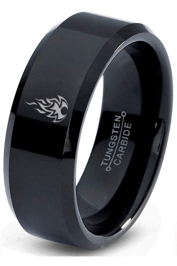 Tungsten Fire Flame Burning Emblem Band Ring 8mm Men Women Comfort Fit Black Beveled Edge Polished