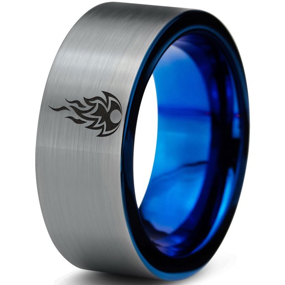 Tungsten Fire Flame Burning Emblem Band Ring 8mm Men Women Comfort Fit Blue Flat Cut Brushed Gray Polished