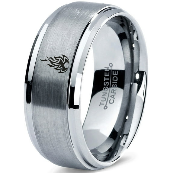 Tungsten Fire Flame Burning Emblem Band Ring 8mm Men Women Comfort Fit Gray Step Bevel Edge Brushed Polished