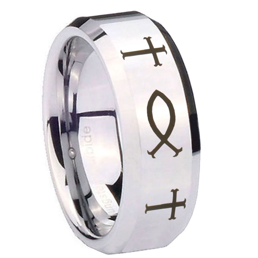 Tungsten Fish & Cross 8mm Glossy Gray Polished Beveled Edges Men Ring ...