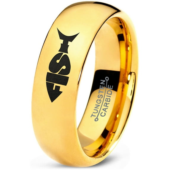 Tungsten Fish Shape Typography Band Ring 7mm Men Women Comfort Fit 18k Yellow Gold Dome Polished