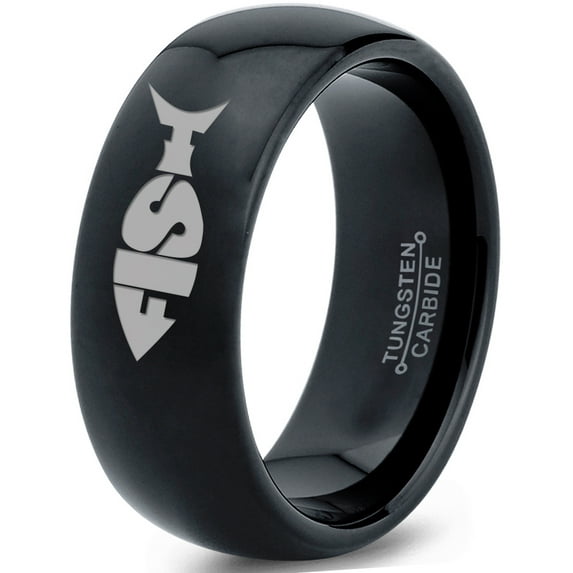 Tungsten Fish Shape Typography Band Ring 8mm Men Women Comfort Fit Black Dome Polished