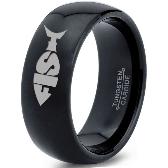 Tungsten Fish Shape Typography Band Ring 8mm Men Women Comfort Fit Black Dome Polished