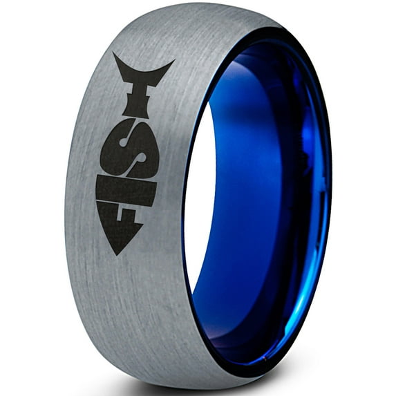 Tungsten Fish Shape Typography Band Ring 8mm Men Women Comfort Fit Blue Dome Brushed Gray Polished
