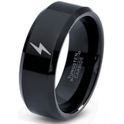 Tungsten Flash Thunder Lightning Bolt Band Ring 8mm Men Women Comfort Fit Black Beveled Edge Polished