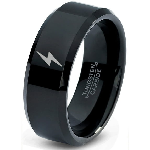 Tungsten Flash Thunder Lightning Bolt Band Ring 8mm Men Women Comfort Fit Black Beveled Edge Polished