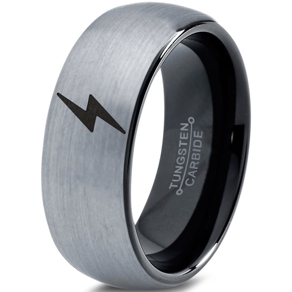 Tungsten Flash Thunder Lightning Bolt Band Ring 8mm Men Women Comfort Fit Black Dome Brushed Gray Polished