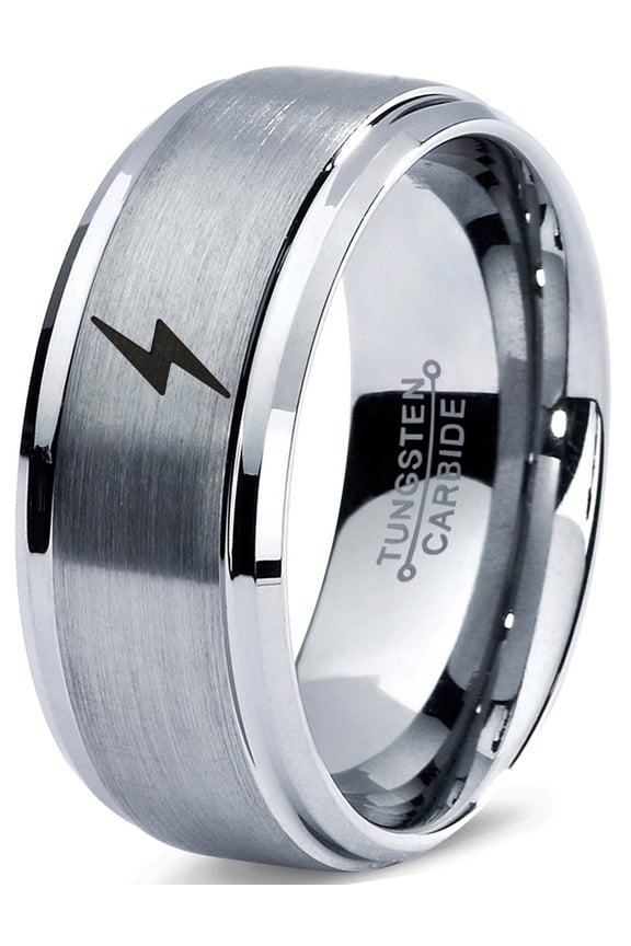 Tungsten Flash Thunder Lightning Bolt Band Ring 8mm Men Women Comfort Fit Gray Step Bevel Edge Brushed Polished