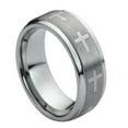 thumbnail image 1 of Tungsten Flat Brushed 9MM Engraved Crosses Stepped Edge Ring Size 6.5, 1 of 3