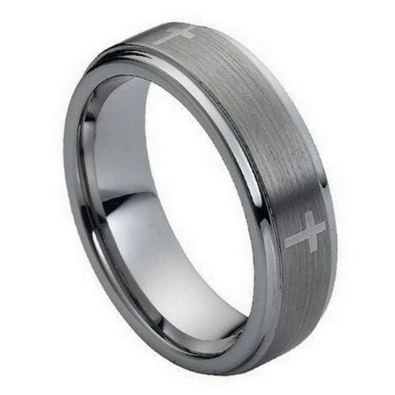 Tungsten Flat Brushed Center Engraved Crosses Stepped Edge Ring Size 12
