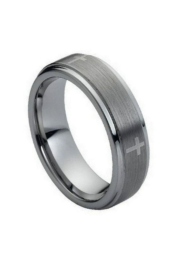 Tungsten Flat Brushed Center Engraved Crosses Stepped Edge Ring Size 14
