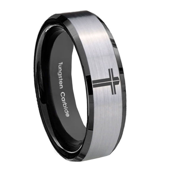 Tungsten Flat Christian Cross 8mm Brushed Gray Beveled Edges Black Polished Men Ring