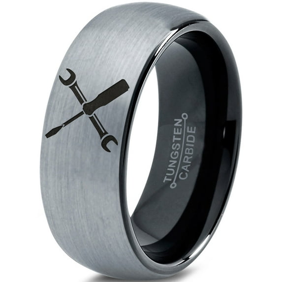 Tungsten Flat Head Screwdriver Wrench Band Ring 8mm Men Women Comfort Fit Black Dome Brushed Gray Polished