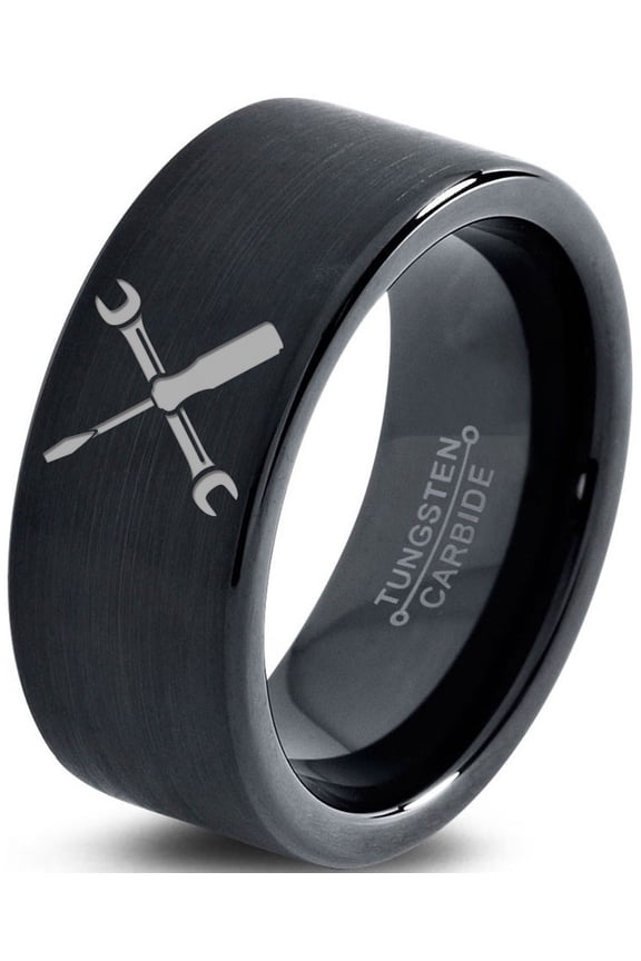 Tungsten Flat Head Screwdriver Wrench Band Ring 9mm Men Women Comfort Fit Black Flat Cut Brushed Polished
