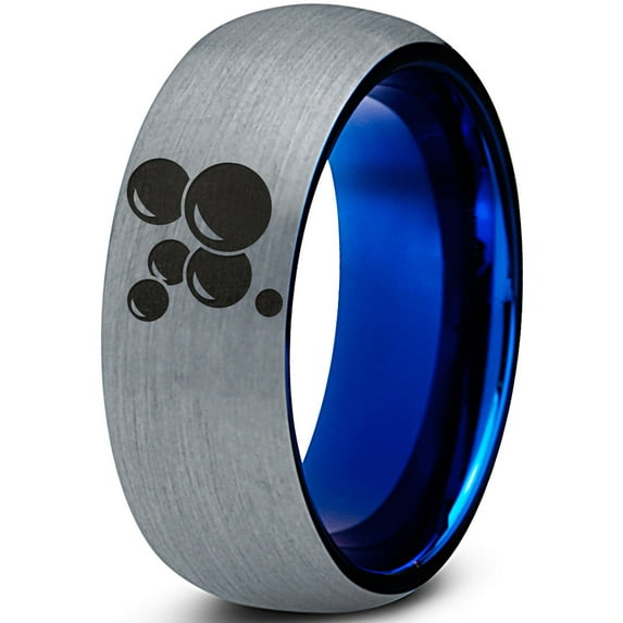 Tungsten Floating Air Soap Bubbles Band Ring 8mm Men Women Comfort Fit Blue Dome Brushed Gray Polished