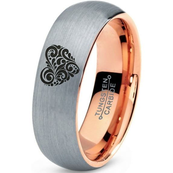 Tungsten Floral Paisley Heart Shaped Band Ring 7mm Men Women Comfort Fit 18k Rose Gold Dome Brushed Gray Polished