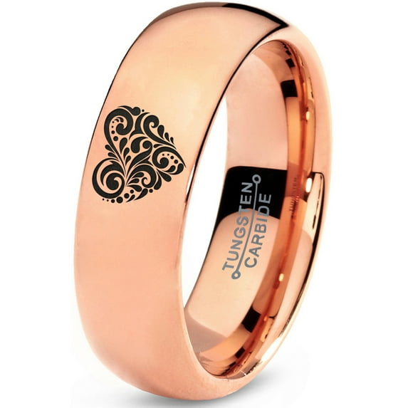 Tungsten Floral Paisley Heart Shaped Band Ring 7mm Men Women Comfort Fit 18k Rose Gold Dome Polished
