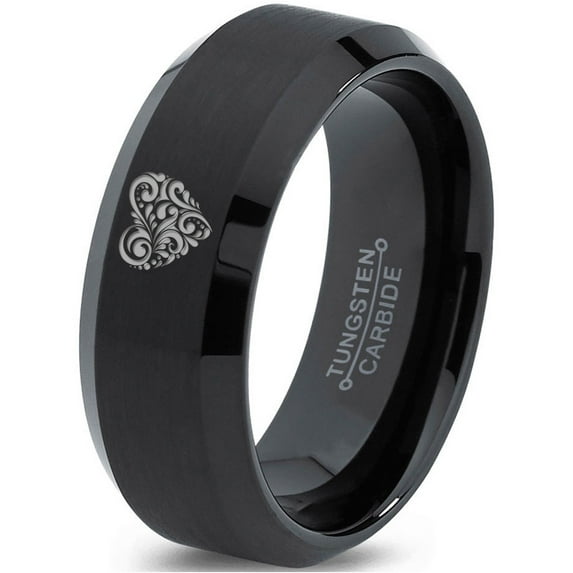 Tungsten Floral Paisley Heart Shaped Band Ring 8mm Men Women Comfort Fit Black Beveled Edge Brushed Polished