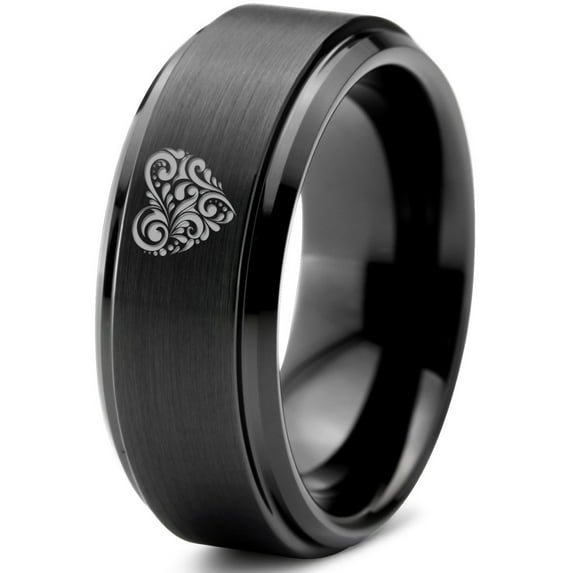Tungsten Floral Paisley Heart Shaped Band Ring 8mm Men Women Comfort Fit Black Step Bevel Edge Brushed Polished
