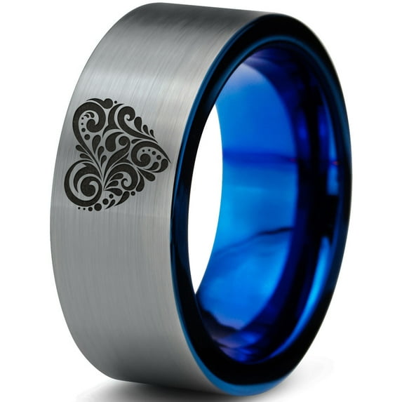 Tungsten Floral Paisley Heart Shaped Band Ring 8mm Men Women Comfort Fit Blue Flat Cut Brushed Gray Polished