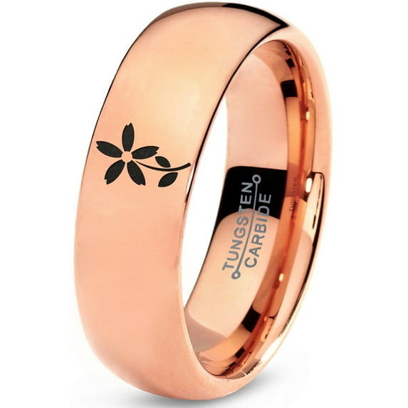 Tungsten Flower Bloom Blossom Plant Band Ring 7mm Men Women Comfort Fit 18k Rose Gold Dome Polished