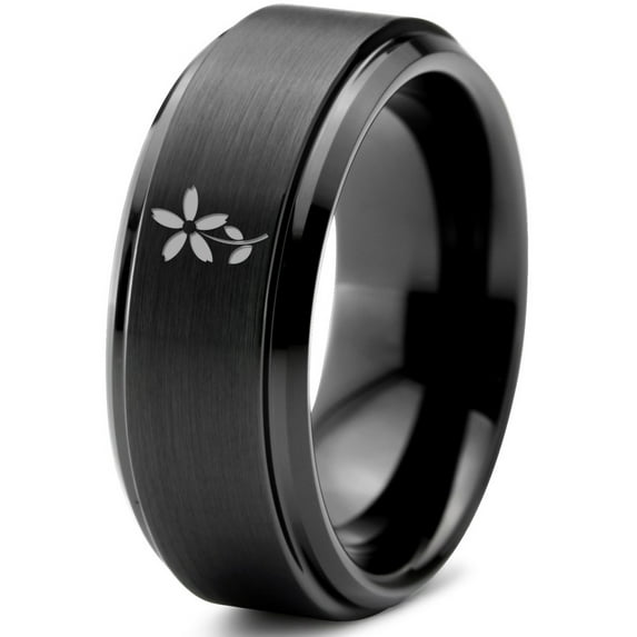 Tungsten Flower Bloom Blossom Plant Band Ring 8mm Men Women Comfort Fit Black Step Bevel Edge Brushed Polished