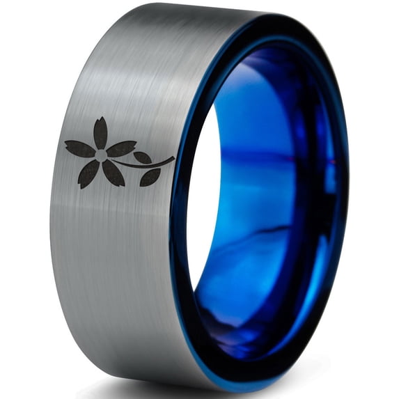 Tungsten Flower Bloom Blossom Plant Band Ring 8mm Men Women Comfort Fit Blue Flat Cut Brushed Gray Polished