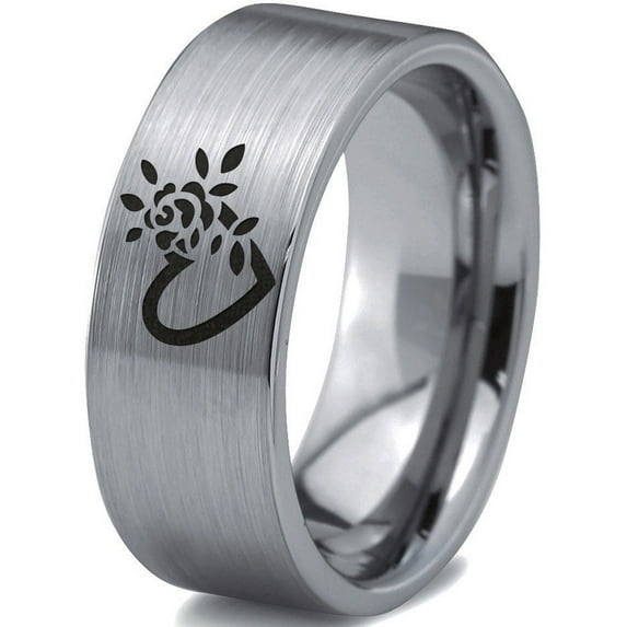 Tungsten Flower Heart Band Ring 8mm Men Women Comfort Fit Gray Flat Cut Brushed Polished