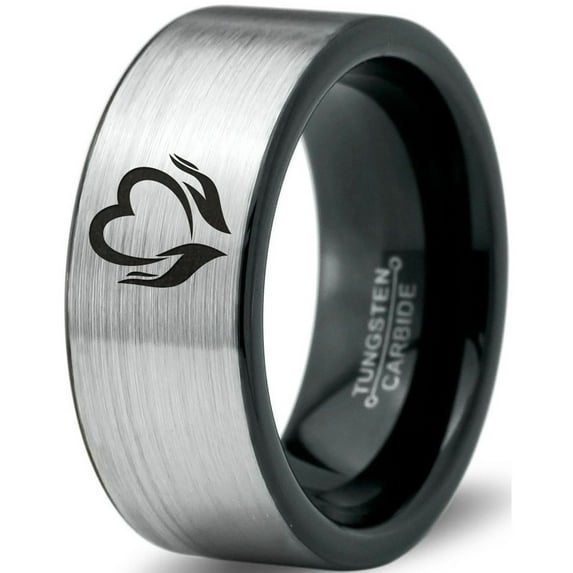 Tungsten Flower Lotus Heart in Hands Band Ring 8mm Men Women Comfort Fit Brushed Gray Flat Cut Black Polished